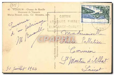Verdun - Pola Bitewne - Pomnik Vauquois — Marius Roussel, rzeźbiarz, Wyd. Monestes, arch. — n° 55 — Rewers