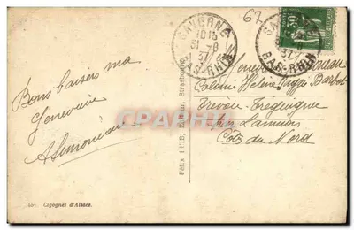 Cigogne na gnieździe na szczycie komina — Alzacja — wydawca nieznany, n° 407 — Rewers