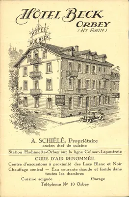 Hotel Beck - Orbey (HT Rhin) — ilustração do estabelecimento com automóvel da época — editor impressora Kuster, Kaysersberg