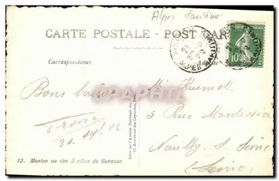 Menton vista desde los Jardines de Garavan — Editado por la Académie Nationale des Opérateurs — n°12 — Reverso
