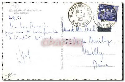 Villefranche-sur-Mer — Velho passagem — Edições 'La Cigogne' n°1220 — Verso