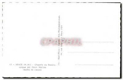 Vence (A.-M.) — Kaplica Rosary — zaprojektowana przez Henriego Matisse, mistrza dzieła — wydawca Real-Photo, Paryż — Rewers