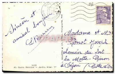 Nice - Kasyno Miejskie i Ogrody Albert — L. Gilletta & Cie, Wydawcy Fotografii, Nice — Rewers