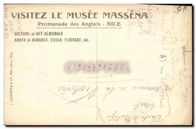 Bilhete postal antigo Visite o Museu Massena Nice — Verso