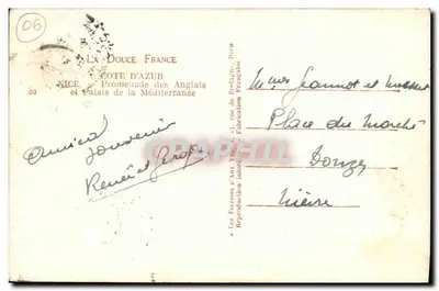 Stara pocztówka Nice Promenade des Anglais i Pałac Mediteranee — Rewers