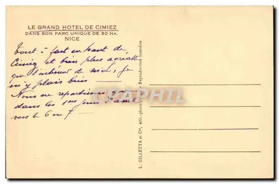 Wielki Hotel w Cimiez — W swoim unikalnym parku 30 ha — Nice — Wydawca Gilletta, n° 2107 — Rewers