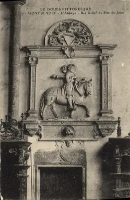 Bilhete postal antigo Montbenoit L Abadia Bas Relief do Senhor de Joux