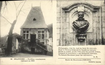 Brantôme — Pavilhão Renascentista restaurado em 1910 — Busto de Brantôme (1539-1614) — Cliché R. Lacroix