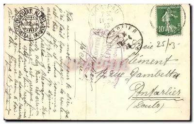 Ponte de pedra sobre um riacho — casa de madeira à esquerda — Loccè — França — Verso