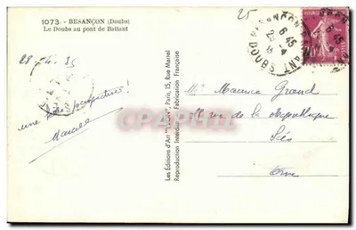 Doubs na mostku Battant — Besançon — Wydawnictwo Artystyczne 'VYVON', nr 1073 — Rewers