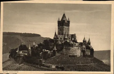 Burg Cochem — castelo sobre colina vinícola — Verlag von Karl Lud. Bremer & Co.