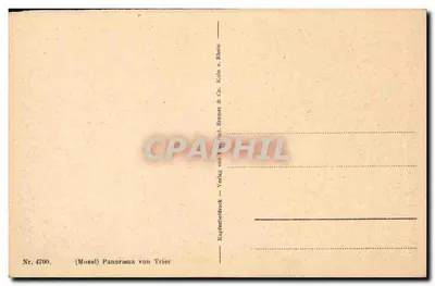 Panorama Trier — widok panoramiczny miasta i Renu — wydawca Kupferstichdruck Verlag von Rud. Bremer & Co. Köln a. Rhein — Rewers