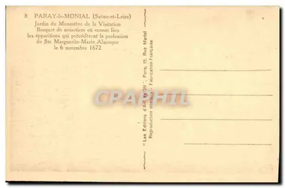 Paray-le-Monial — Jardim do Mosteiro da Visitação, bosque de nozes onde ocorreram as aparições de Santa Margarida-Maria Alacoque — Éditions d'Art, Paris — Verso