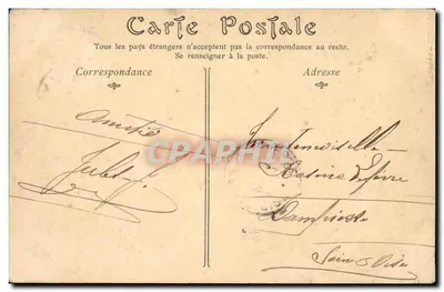 Stara pocztówka: Wjazd z Meule do Château de Chantilly, psie polowanie — Rewers