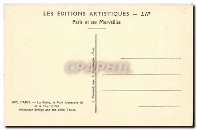 Paryż — La Seine, most Alexandre III i Wieża Eiffla — Les Éditions Artistiques -- LIP, n° 602 — Rewers