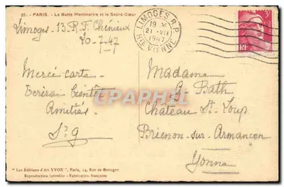 Parigi - La Butte Montmartre e il Sacré-Cœur — Edizioni d'Arte YVON, n°20 — Verso