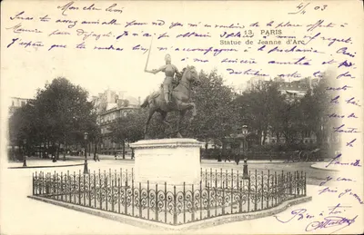 Estátua de Joana d'Arc — Piazza das Pirâmides, Paris — editada pela Sociedade Anônima de Cartões Postais