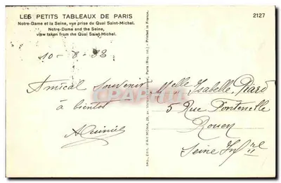 Notre-Dame i Seina — widok z Quai Saint-Michel — wydawca Mona, nr 2127 — Rewers