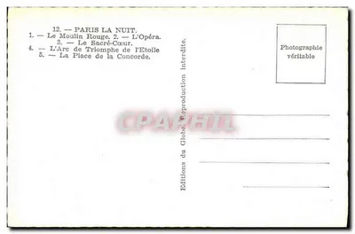 Paris nachts — Der Moulin Rouge, Das Opernhaus, Das Sacré-Cœur, Der Arc de Triomphe, Die Place de la Concorde — Éditions du Globe — Rückseite
