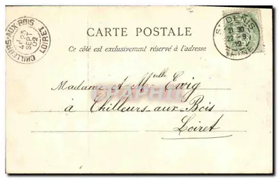 Saint-Denis — Bazylika — widok fasady z dzwonnikiem i portal, wydawca nieznany — Rewers