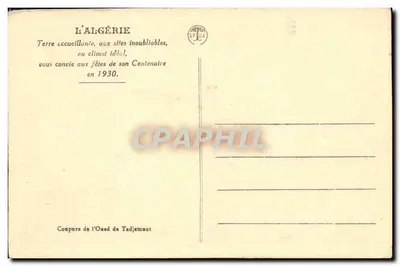 Argélia — paisagem desértica com palmeiras e montanhas — Capa do Oued de Tadjemout — Verso