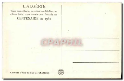 Canteiro de Alfa ao sul de Crampel — Argélia — Centenário 1930 — Verso
