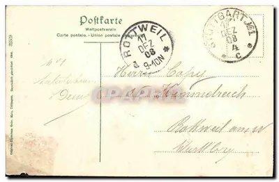 Stuttgart, Altes Schloss — vista do castelo com torres e visitantes — editor Tübingen, n° 01 — Verso