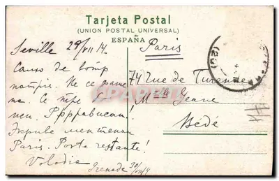 Seville — Karta pocztowa hiszpańska datowana 29/11/14 — Uniwersalna Poczta — Rewers