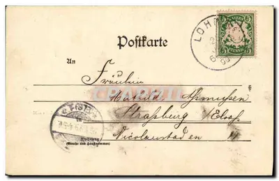 Widok z Lohr a. M. — krajobraz z mostem i kościołem — Verlag v. Fr. Schüfer, Lohr a. M. — Rewers