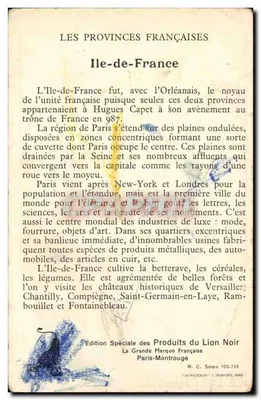 Île-de-France — kartka pocztowa ilustrowana — Wydanie Specjalne Produktów Czarnego Łwa — Rewers