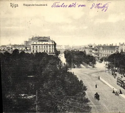 Bilhete postal antigo Riga Alexanderboulevard Letônia