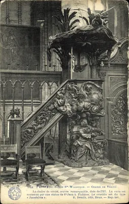 Bilhete postal antigo Furnes Igreja de Santa Walburga Cadeira da verdade