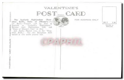 The Seaforth Highlanders — Oficial y Sargento — Tarjeta postal Valentine's A450 — Reverso