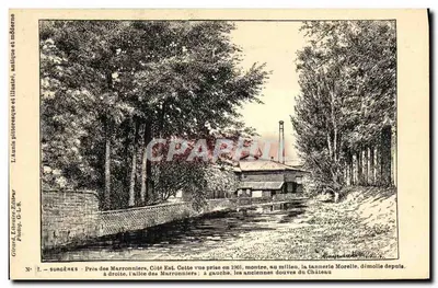 Saugnac - Perto dos Marroniers, Lado Leste — vista tirada em 1901 mostrando a curtume Morelle e as antigas valas do Castelo — editor Girard, Livreiro-Editor, fotógrafo G.L.S., n° 1