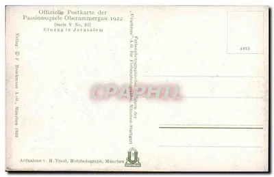 Entrada em Jerusalém — Passionsspiele Oberammergau 1922 — série V, n° 26 — editor F. Bruckmann A.-G., Munique — Verso