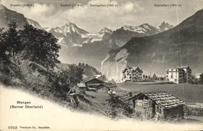 Wengen (Bernner Oberland) — vista das montanhas com os picos Grosshorn, Breithorn, Tschingelhorn e Gspaltenhorn — Fototipia Co., Neuchâtel, n° 5753