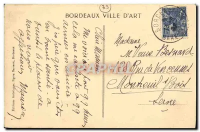 Tarjeta postal antigua Burdeos Los muelles hacia los Chartrons — Reverso
