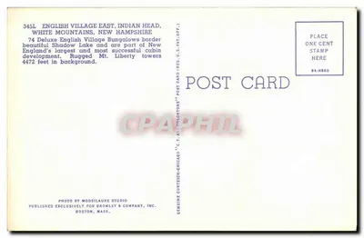 English Village East — Indian Head, White Mountains, New Hampshire — Publicado exclusivamente para Bromley & Company, Inc. — Reverso