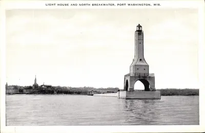 Farol e quebra-mar norte, Port Washington, Wisconsin — editor E.C. Kemp Co., Milwaukee, n° 26849