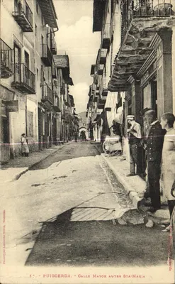 Bilhete postal antigo Puigcerda Rua Mayor autes Sta Maria