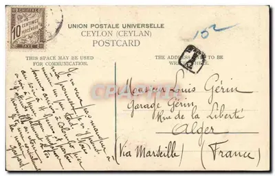 Ferrovia passando por Plantation de Coco, Ceylon — Colombo, 29 de junho de 1905 — Union Postale Universelle — Verso