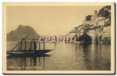 Lago de Lugano Gandria — vista do lago com barco e vila na margem — editor Wehrli A.G., Kilchberg-Zürich, n° 16342