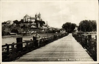 Breisach a. Rhein — vista da cidade com igreja e ponte de barco — Joh. Teufel, Breisach a. Rh.