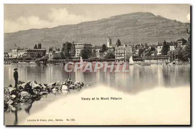 Vevey e o Monte Pélérin — vista lacustre com barco a vela — Lacombe & Arlaud, fot., Genebra. No. 169.