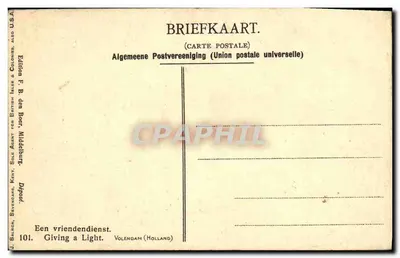 Dwaj mężczyźni wymieniający papierosa — Volendam (Holandia) — Wydawnictwo F. B. den Boer, Middelburg — Rewers