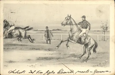 Corrida de cavalos em Gênova — desenho assinado por F.W. — enviada por Cesare para sua mãe