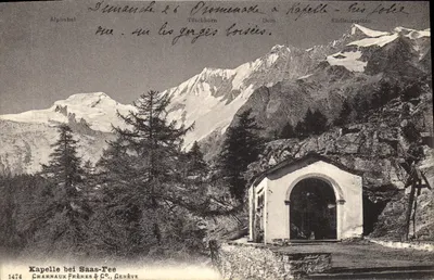 Capela perto de Saas-Fee — Vista das gargantas de Lui — Charnaux Frères & Co., Genebra, n° 1474