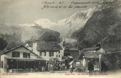 Saas-Fée — A Rue e vista sobre o Glaciar — Edição Photoglob Co. Zürich n°6713