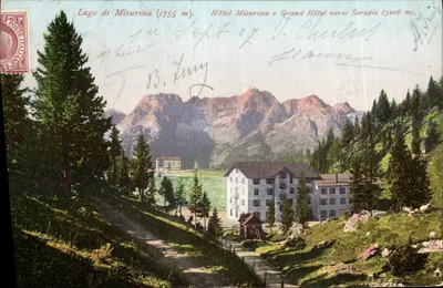 Lago di Misurina (1755 m) — Hotel Misurina and Grand Hotel towards Sorapis (3206 m) — Publisher M. 7465