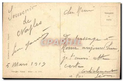Napoli - Via Roma - Largo Garità — animowana ulica z statuą i karetami — wydawca Roberto Zema, Mediolan, n° 7110 — Rewers